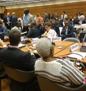 States gather to vote on the OEWG report on Friday evening in a crowded room at the UN in Geneva (Janet Fenton/Twitter)