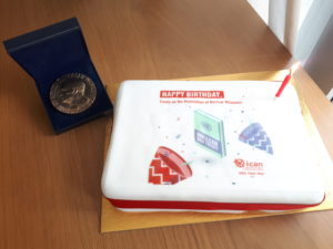 A birthday cake for the Treaty on the Prohibition of Nuclear Weapons, with ICAN's Nobel Peace Prize (Photo: Elizabeth Minor)