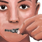 Drawing of face of a woman closing own mouth with zipper